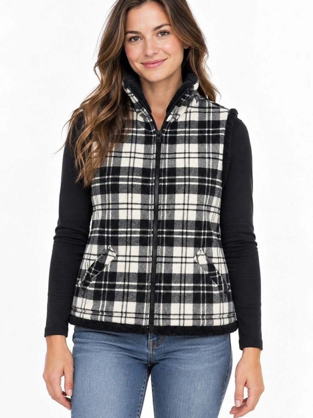 Woolrich Black and White Plaid Faux Fur Lined Full Zip Fleece Vest Full Zip